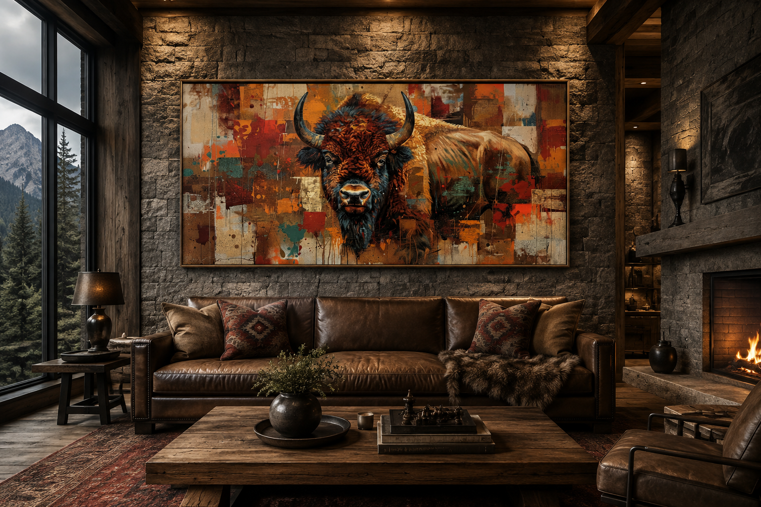 Amercan Bison Wall Art - Colorful Southwestern Canvas Print | Rustic Home Decor