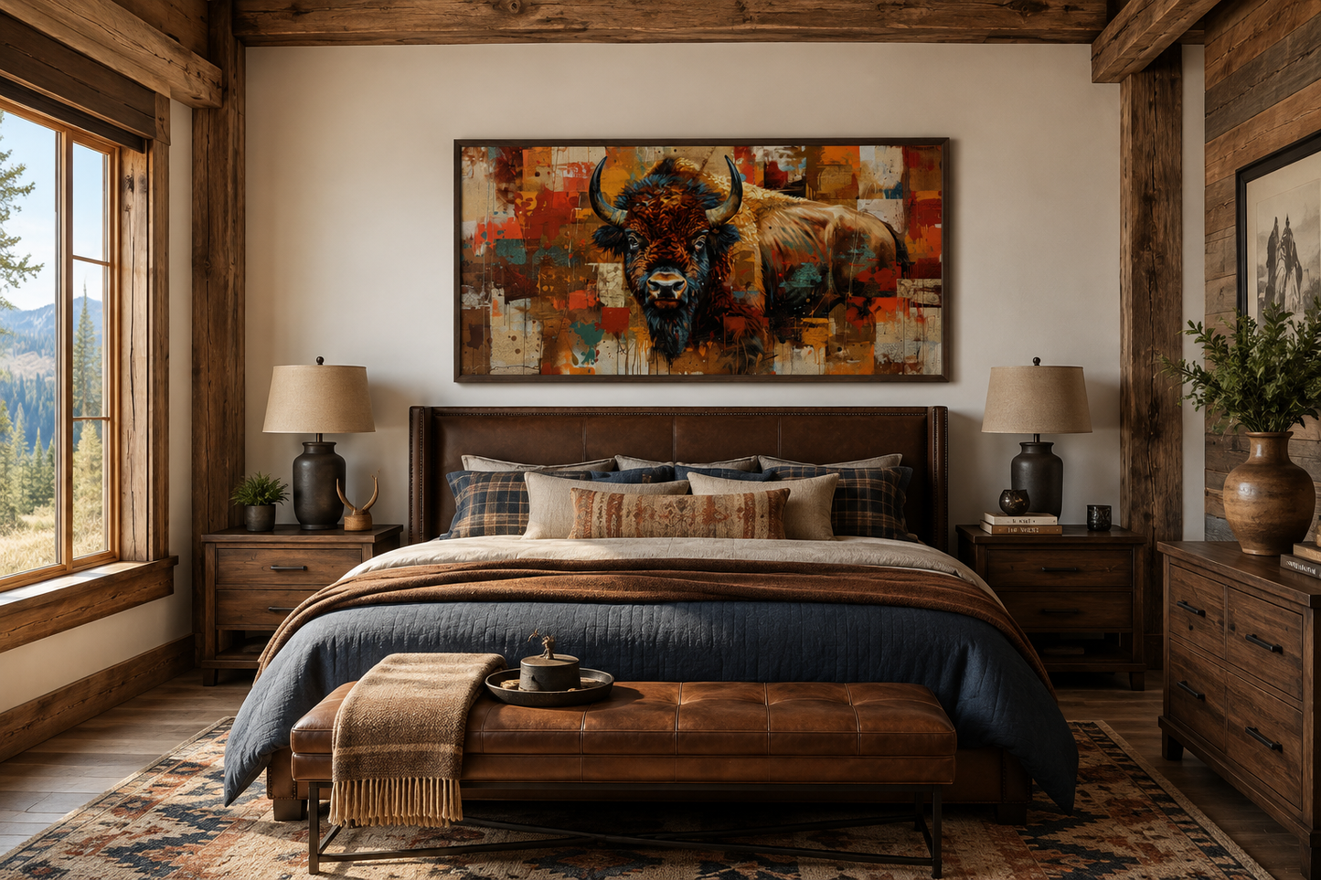 Amercan Bison Wall Art - Colorful Southwestern Canvas Print | Rustic Home Decor