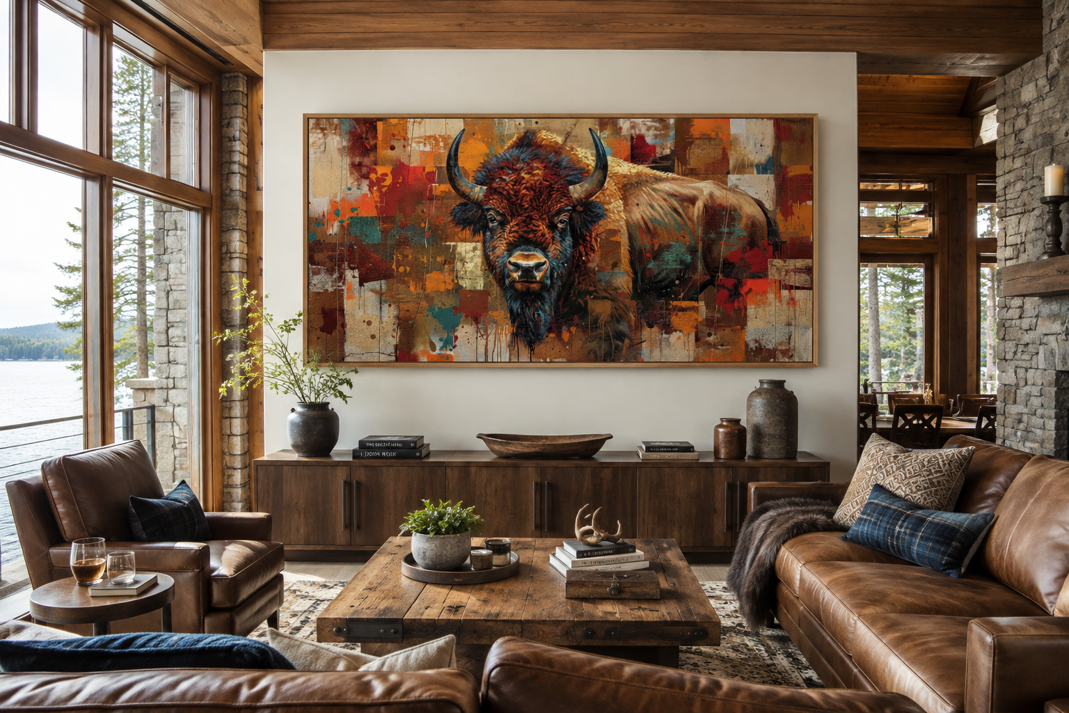 Amercan Bison Wall Art - Colorful Southwestern Canvas Print | Rustic Home Decor