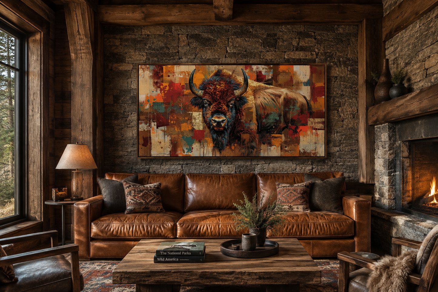 Amercan Bison Wall Art - Colorful Southwestern Canvas Print | Rustic Home Decor