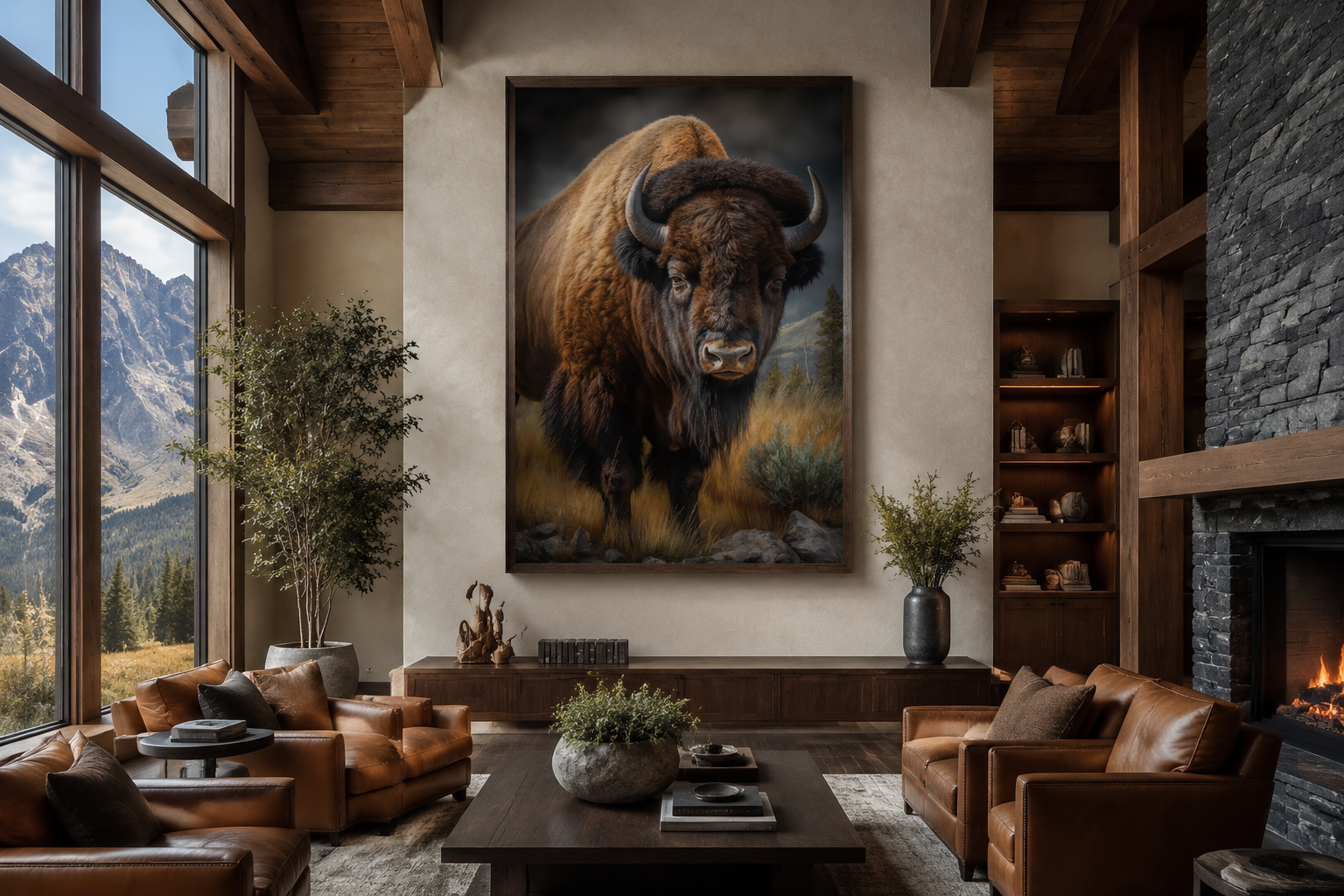 American Bison In Prairie Extra Large Canvas Wall Art