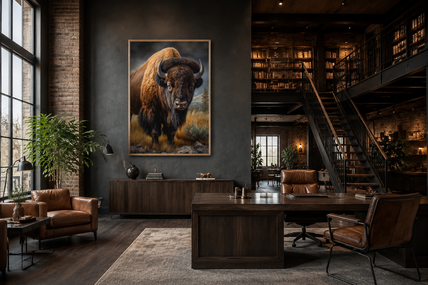 American Bison In Prairie Extra Large Canvas Wall Art