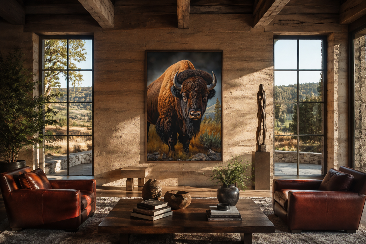 American Bison In Prairie Extra Large Canvas Wall Art