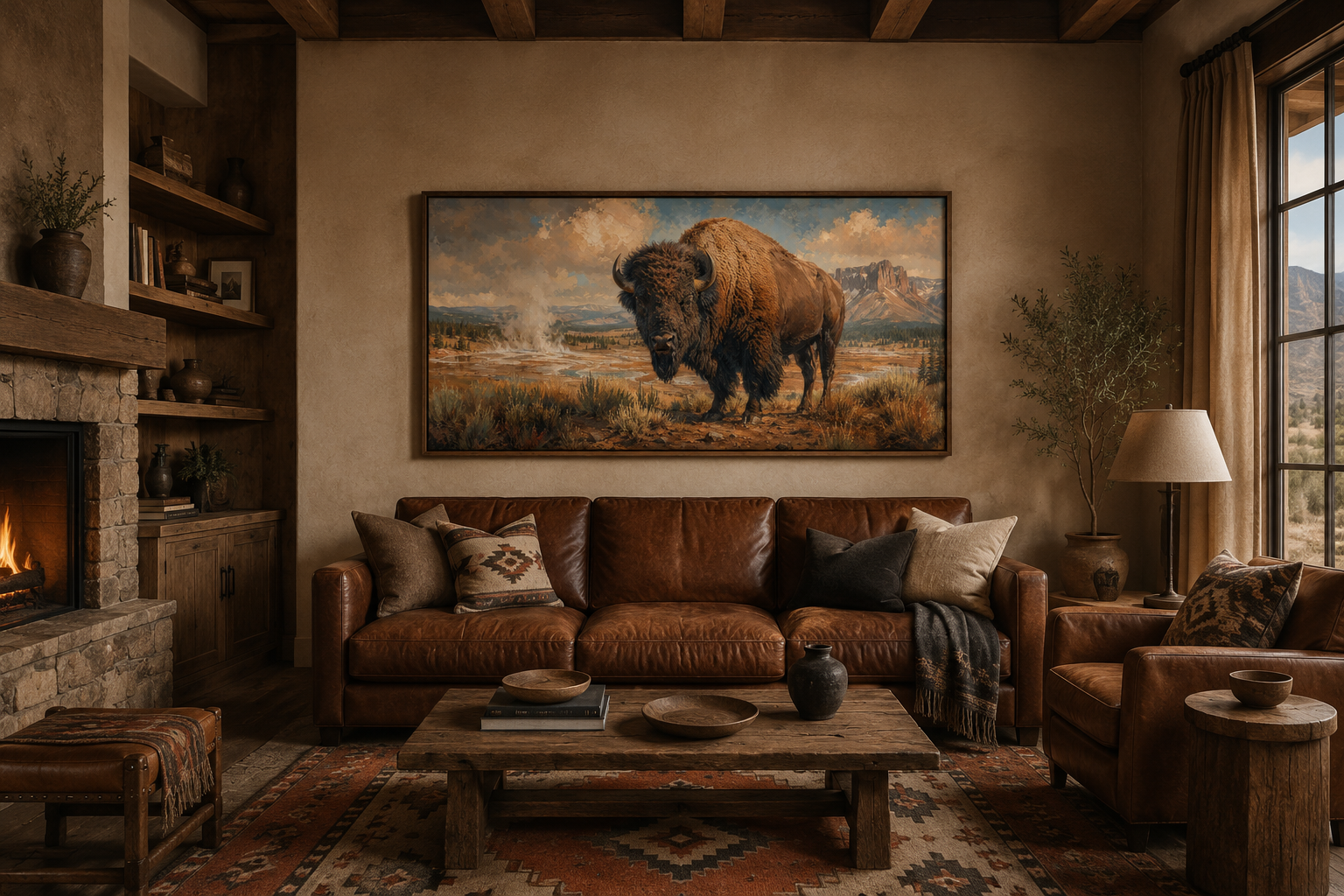American Bison In Yellowstone National Park Framed Canvas Wall Decor