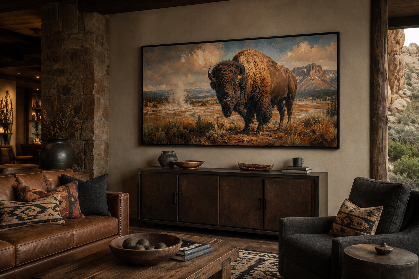 American Bison In Yellowstone National Park Framed Canvas Wall Decor