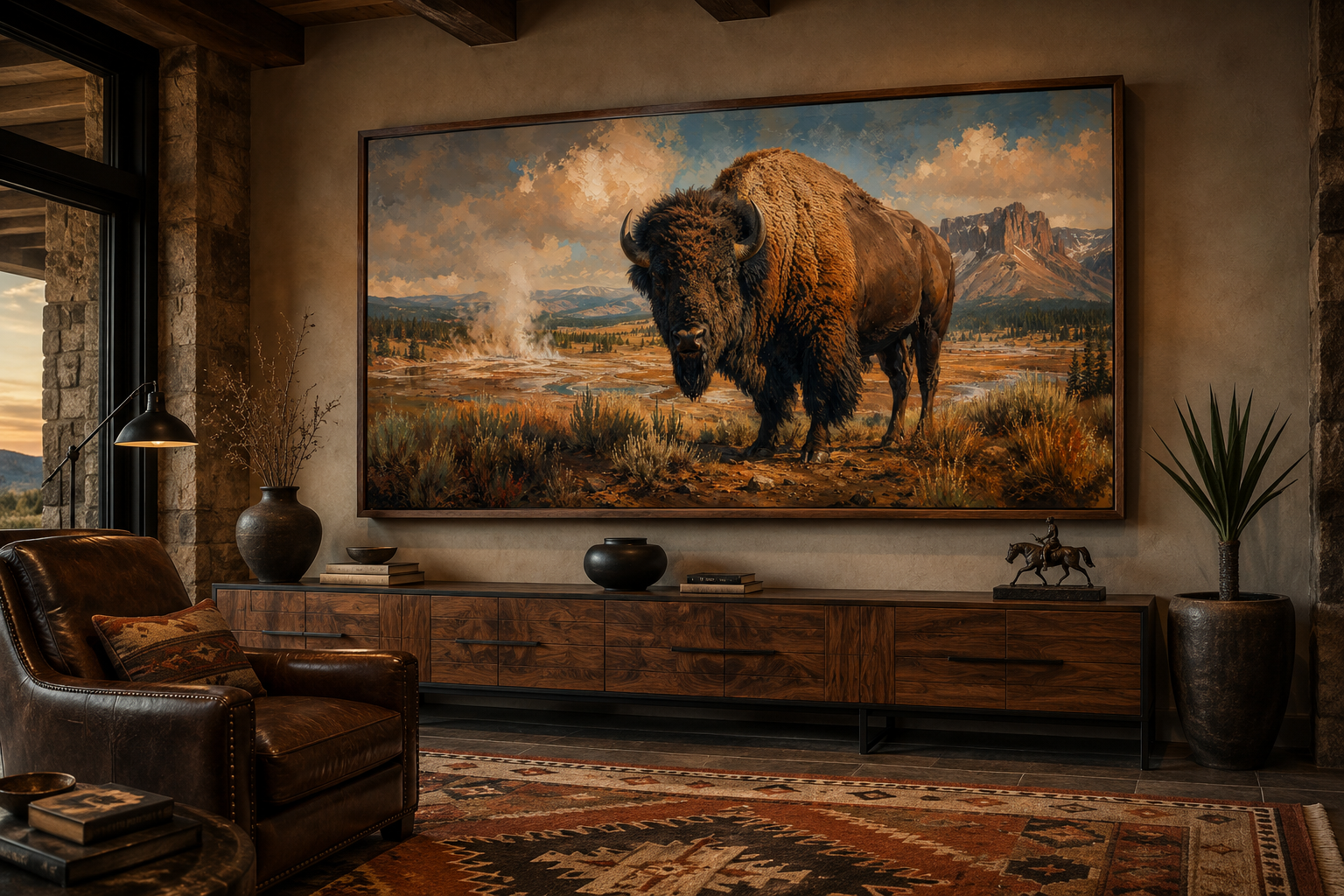 American Bison In Yellowstone National Park Framed Canvas Wall Decor