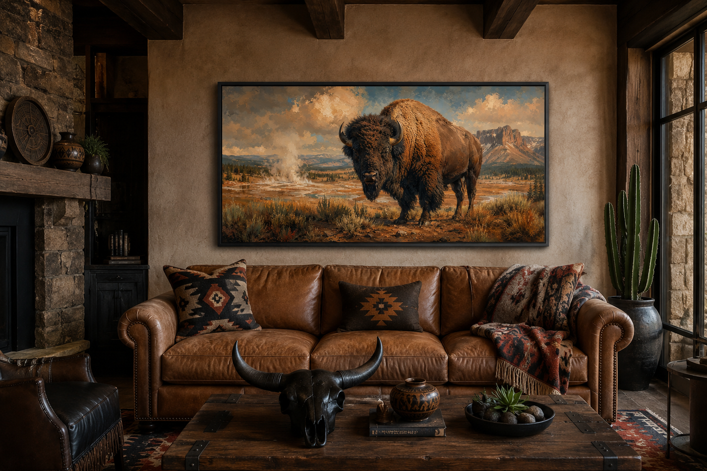 American Bison In Yellowstone National Park Framed Canvas Wall Decor