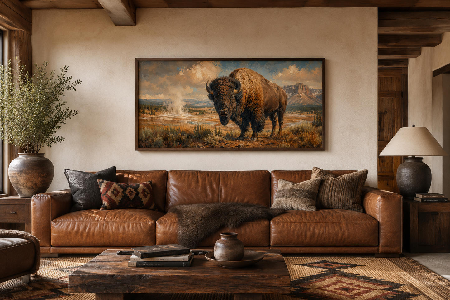 American Bison In Yellowstone National Park Framed Canvas Wall Decor