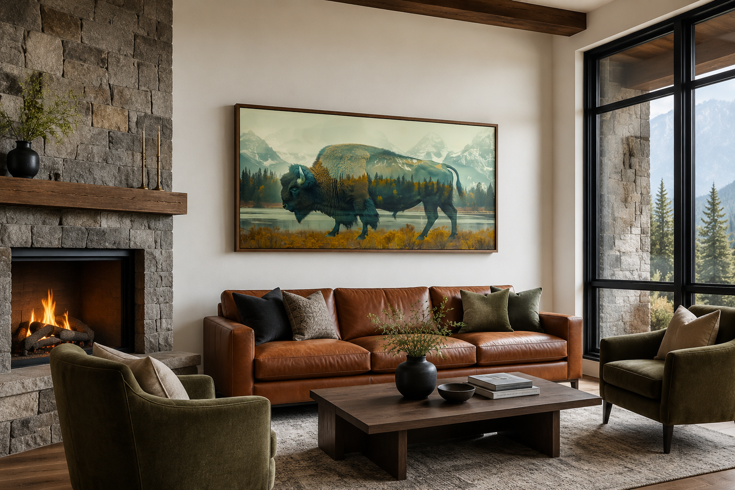Bison In Yellowstone Double Exposure Canvas Wall Art Rustic Wildlife Decor For Cabin