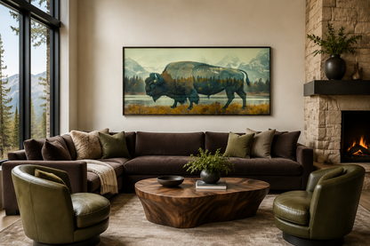 Bison In Yellowstone Double Exposure Canvas Wall Art Rustic Wildlife Decor For Cabin