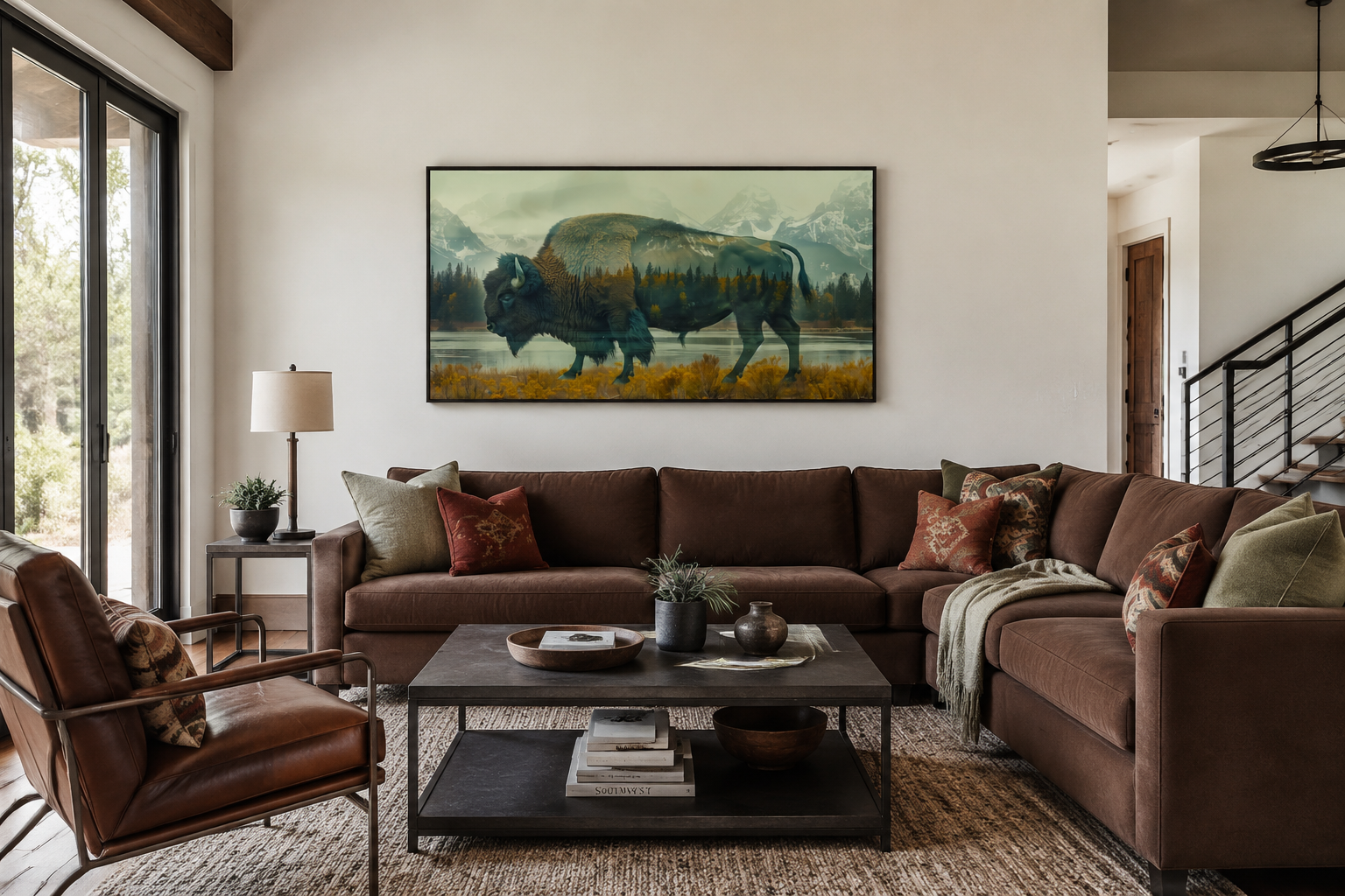 Bison In Yellowstone Double Exposure Canvas Wall Art Rustic Wildlife Decor For Cabin
