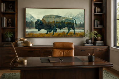 Bison In Yellowstone Double Exposure Canvas Wall Art Rustic Wildlife Decor For Cabin