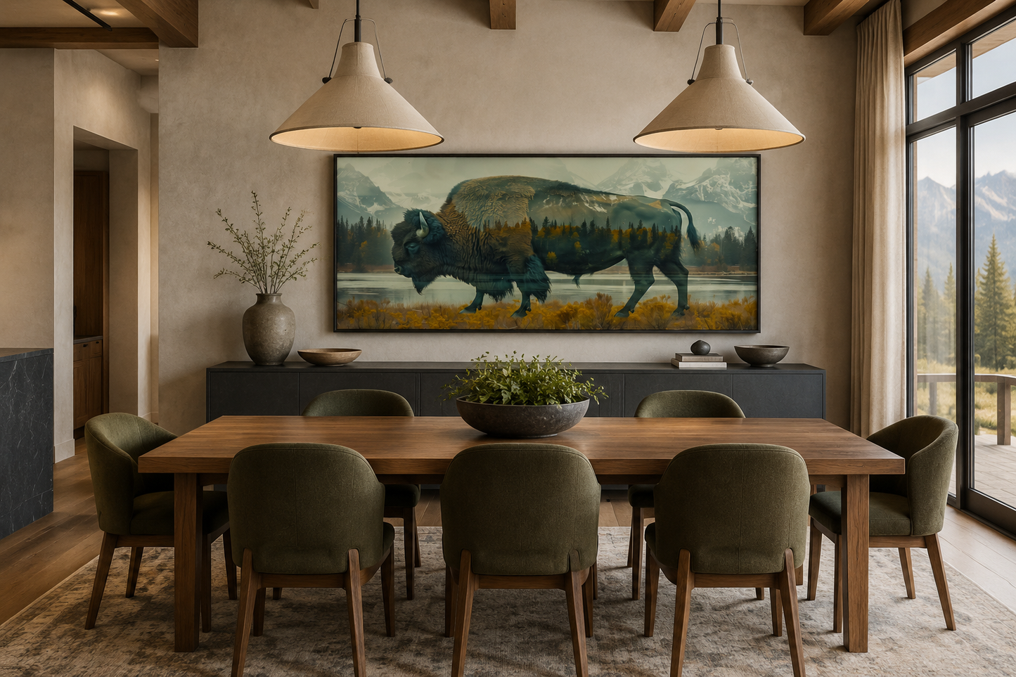 Bison In Yellowstone Double Exposure Canvas Wall Art Rustic Wildlife Decor For Cabin