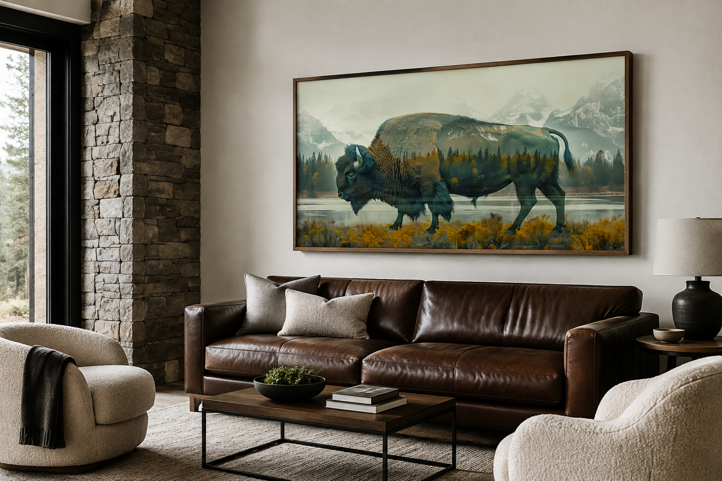 Bison In Yellowstone Double Exposure Canvas Wall Art Rustic Wildlife Decor For Cabin