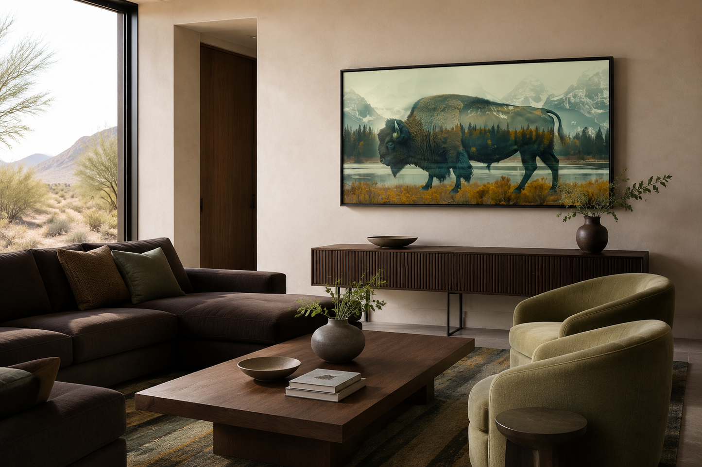 Bison In Yellowstone Double Exposure Canvas Wall Art Rustic Wildlife Decor For Cabin