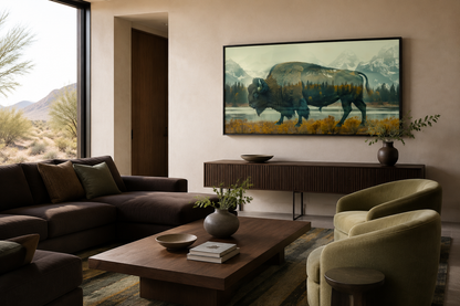 Bison In Yellowstone Double Exposure Canvas Wall Art Rustic Wildlife Decor For Cabin