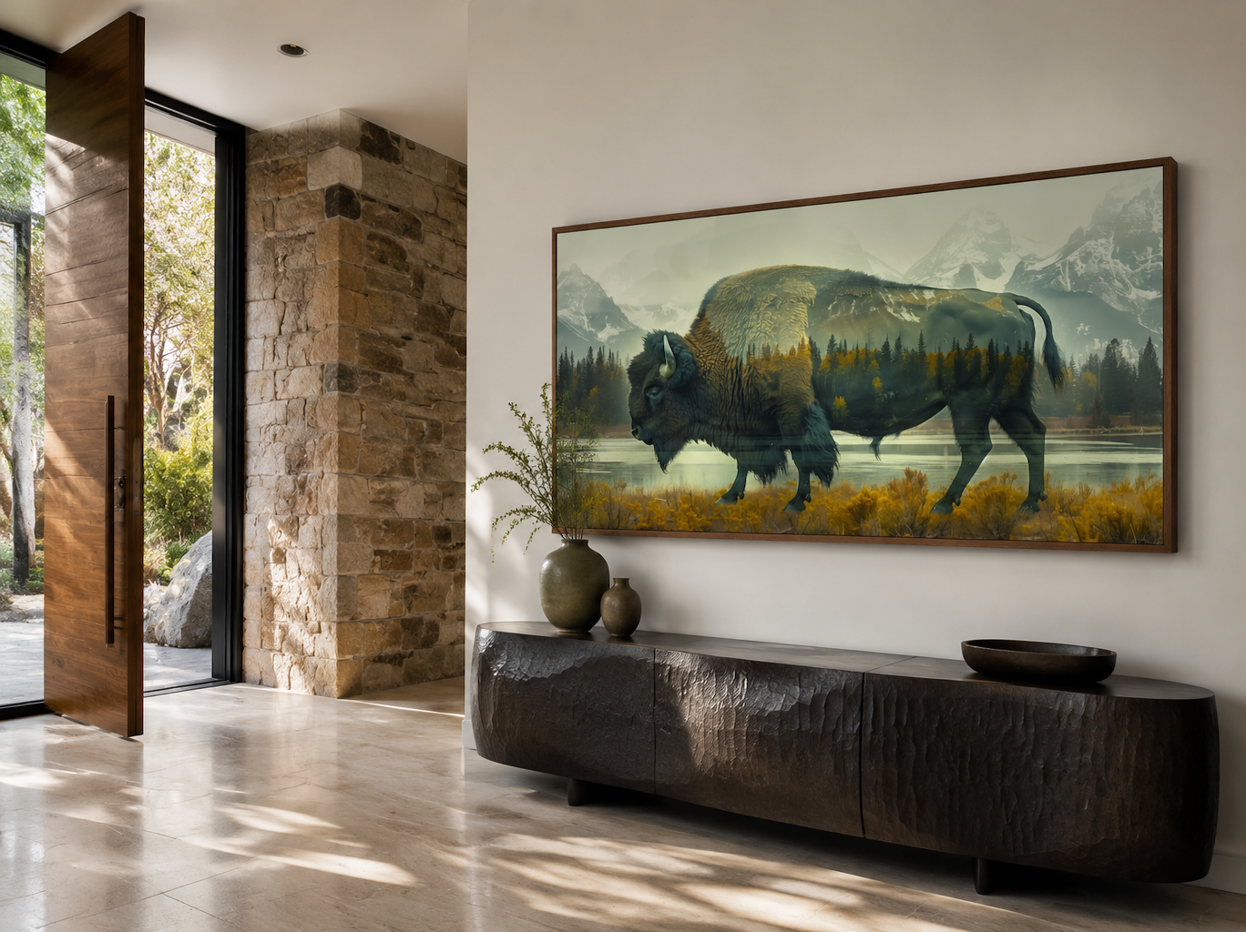 Bison In Yellowstone Double Exposure Canvas Wall Art Rustic Wildlife Decor For Cabin