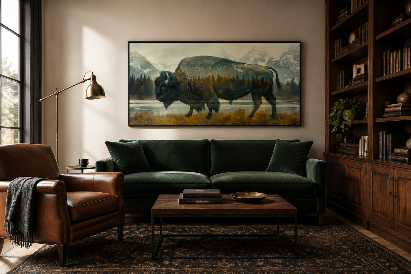 Bison In Yellowstone Double Exposure Canvas Wall Art Rustic Wildlife Decor For Cabin
