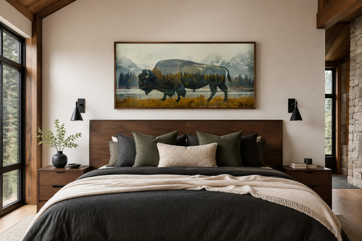 Bison In Yellowstone Double Exposure Canvas Wall Art Rustic Wildlife Decor For Cabin