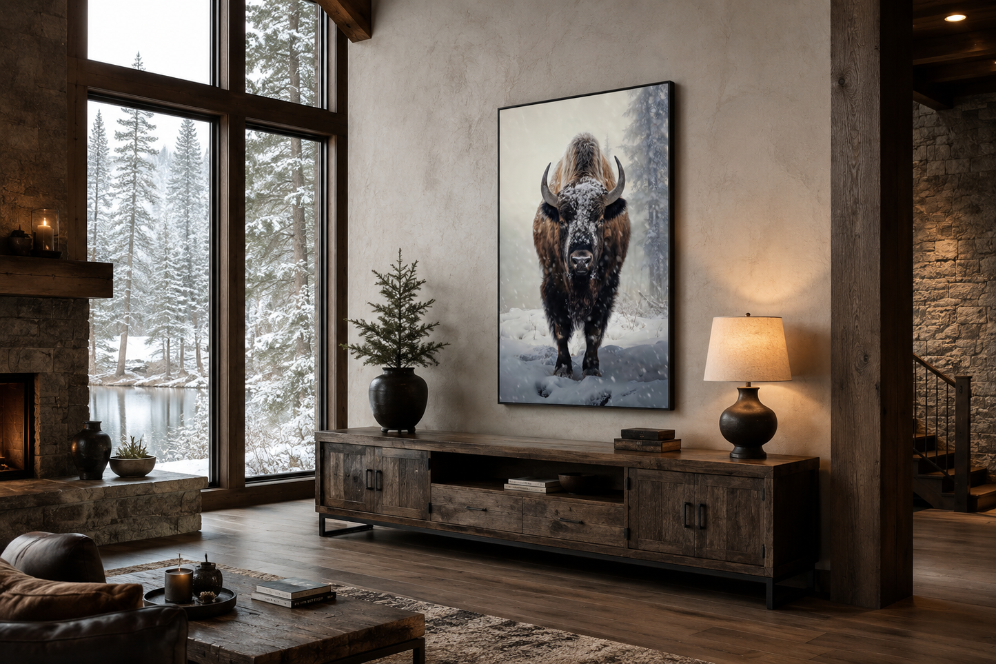 American Buffalo in Snow Framed Canvas Wall Art