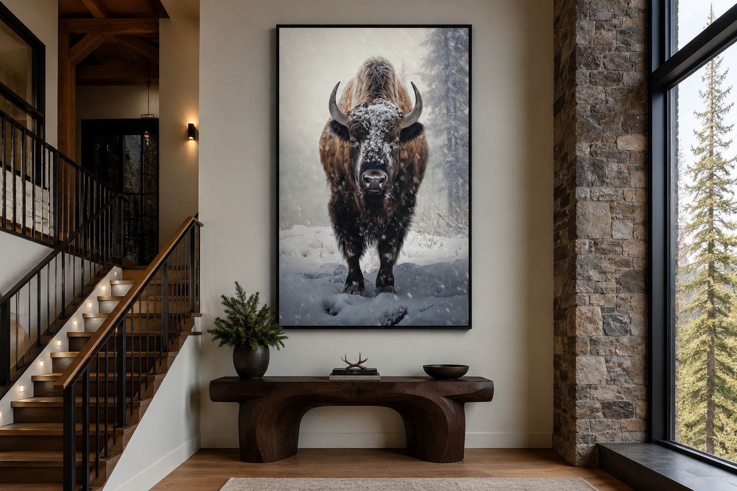 American Buffalo in Snow Framed Canvas Wall Art