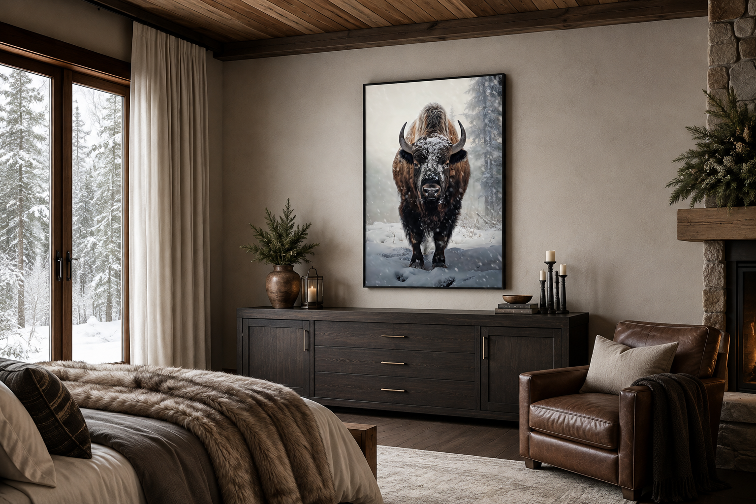 American Buffalo in Snow Framed Canvas Wall Art