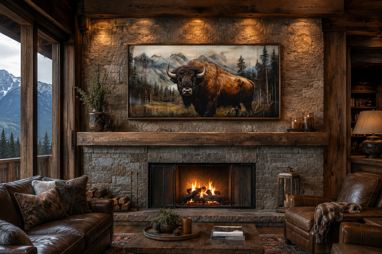 Buffalo Wall Art - Rustic Wood Framed Canvas | Yellowstone Wildlife Decor