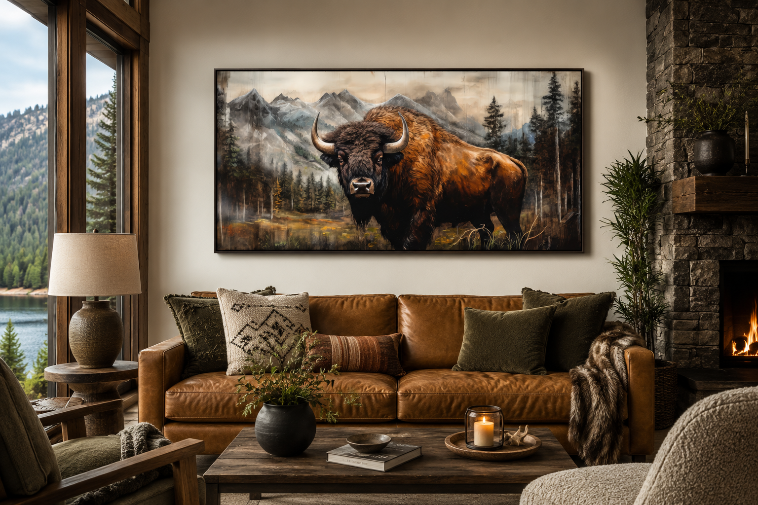 Buffalo Wall Art - Rustic Wood Framed Canvas | Yellowstone Wildlife Decor