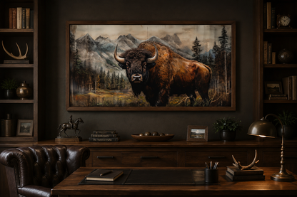 Buffalo Wall Art - Rustic Wood Framed Canvas | Yellowstone Wildlife Decor