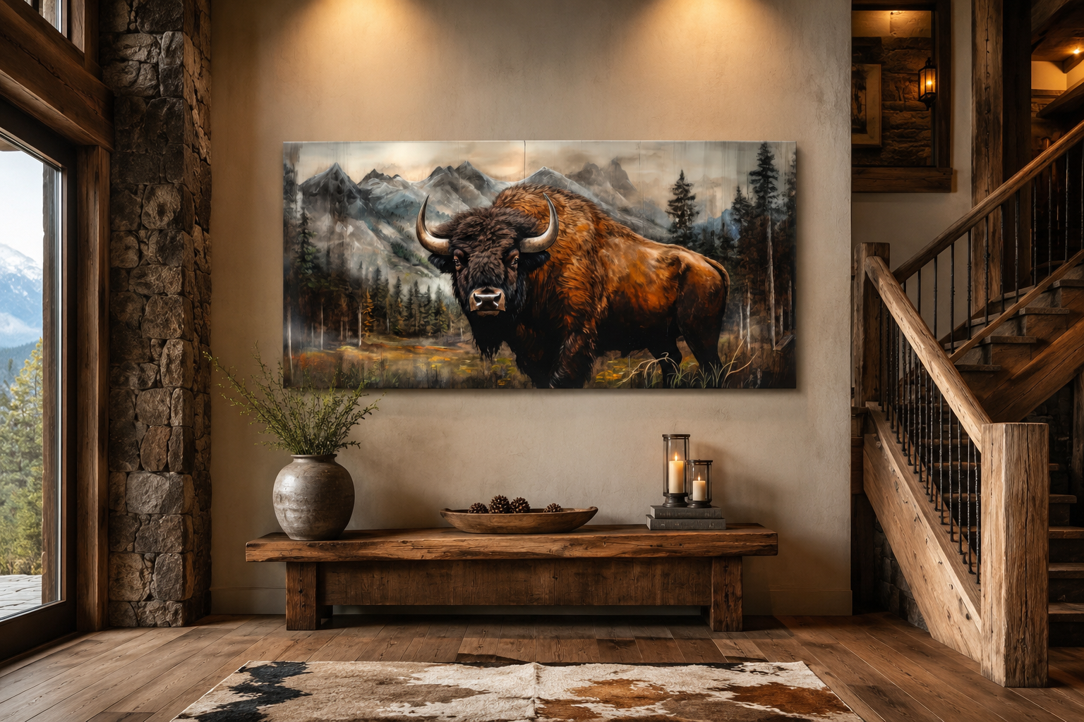 Buffalo Wall Art - Rustic Wood Framed Canvas | Yellowstone Wildlife Decor