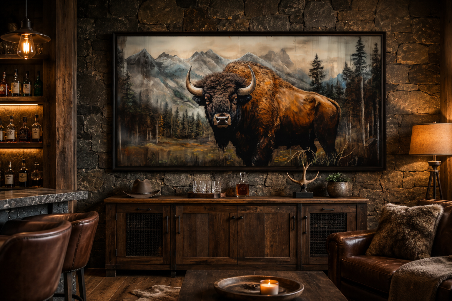 Buffalo Wall Art - Rustic Wood Framed Canvas | Yellowstone Wildlife Decor