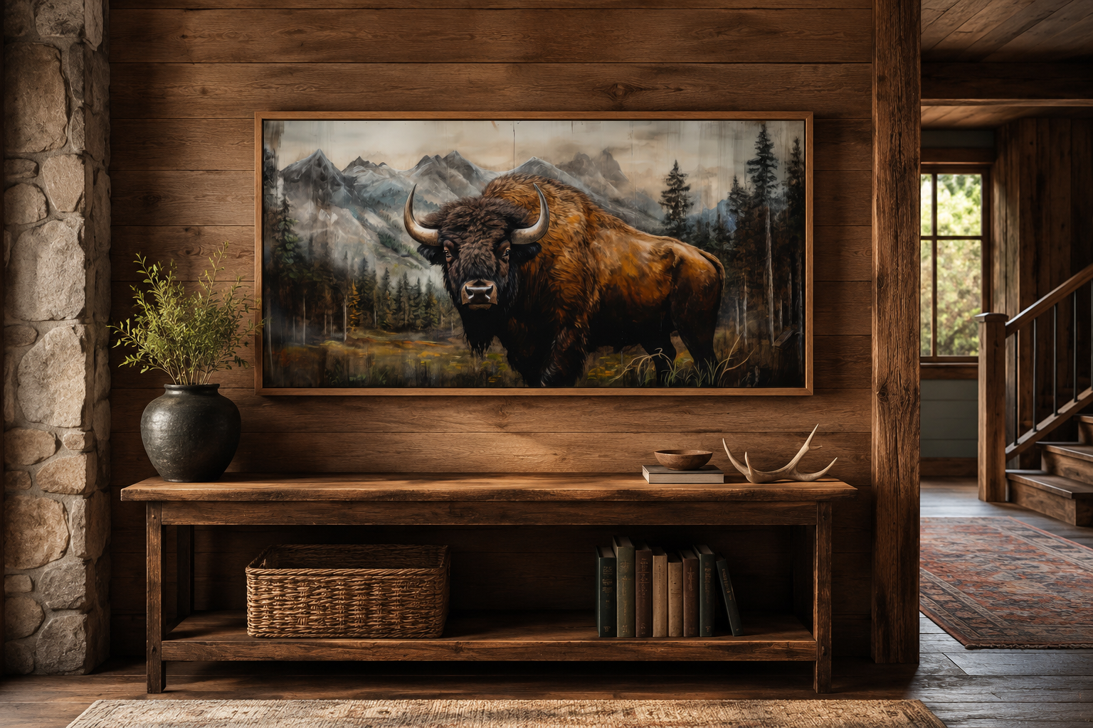 Buffalo Wall Art - Rustic Wood Framed Canvas | Yellowstone Wildlife Decor