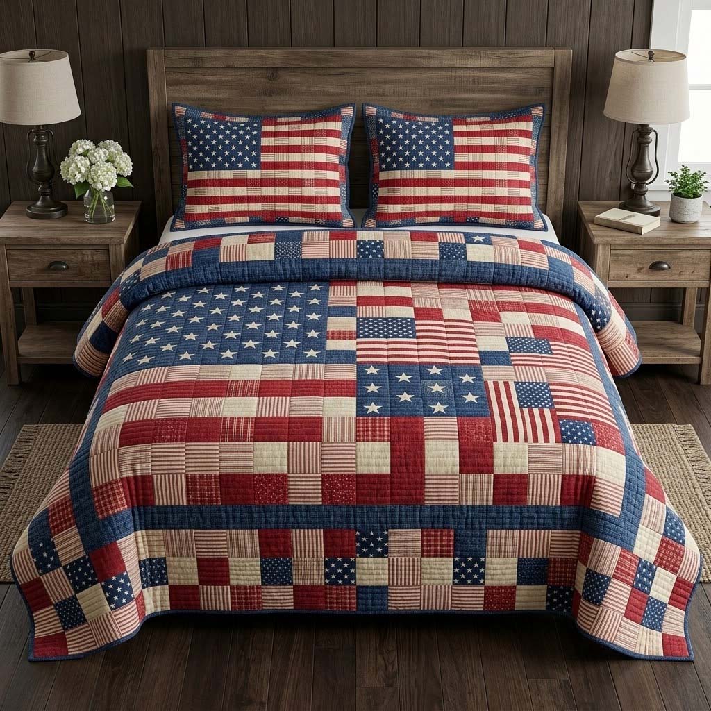 Single (59'' x 70'') /Americana Mosaic Medley 3-Piece Quilted Bedding Set