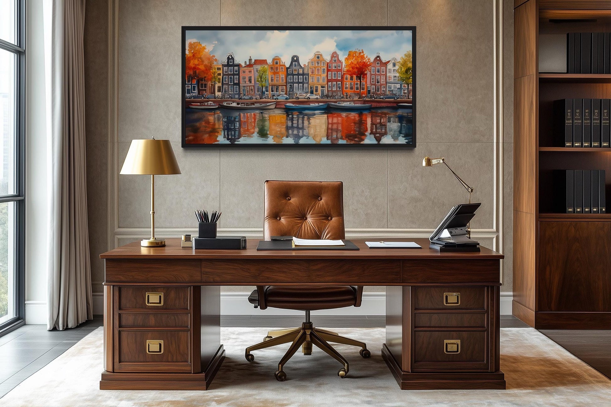 Amsterdam Canal And Colorful Dutch Houses And Boats Watercolor Framed Canvas Wall Art