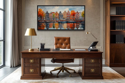 Amsterdam Canal And Colorful Dutch Houses And Boats Watercolor Framed Canvas Wall Art