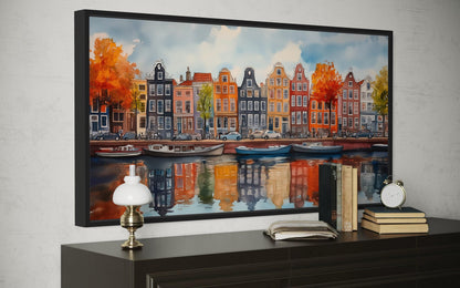Amsterdam Canal And Colorful Dutch Houses And Boats Watercolor Framed Canvas Wall Art