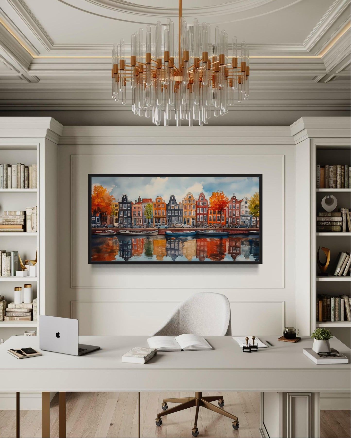 Amsterdam Canal And Colorful Dutch Houses And Boats Watercolor Framed Canvas Wall Art