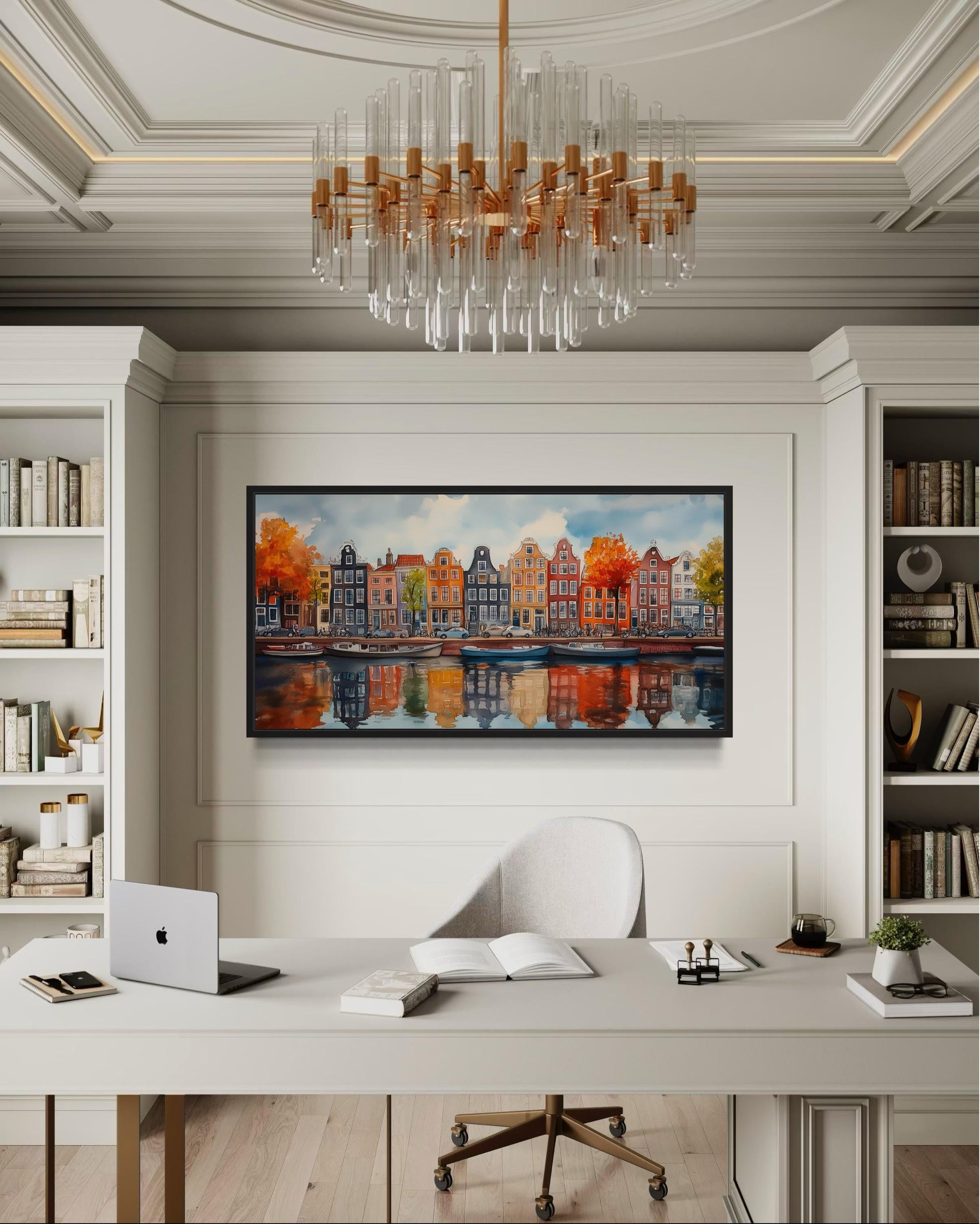Amsterdam Canal And Colorful Dutch Houses And Boats Watercolor Framed Canvas Wall Art