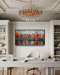 Amsterdam Canal And Colorful Dutch Houses And Boats Watercolor Framed Canvas Wall Art