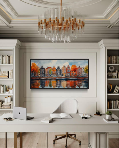 Amsterdam Canal And Colorful Dutch Houses And Boats Watercolor Framed Canvas Wall Art