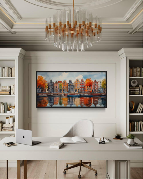 Amsterdam Canal And Colorful Dutch Houses And Boats Watercolor Framed Canvas Wall Art