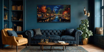 Amsterdam Canal at Night Large Horizontal Canvas Wall Art