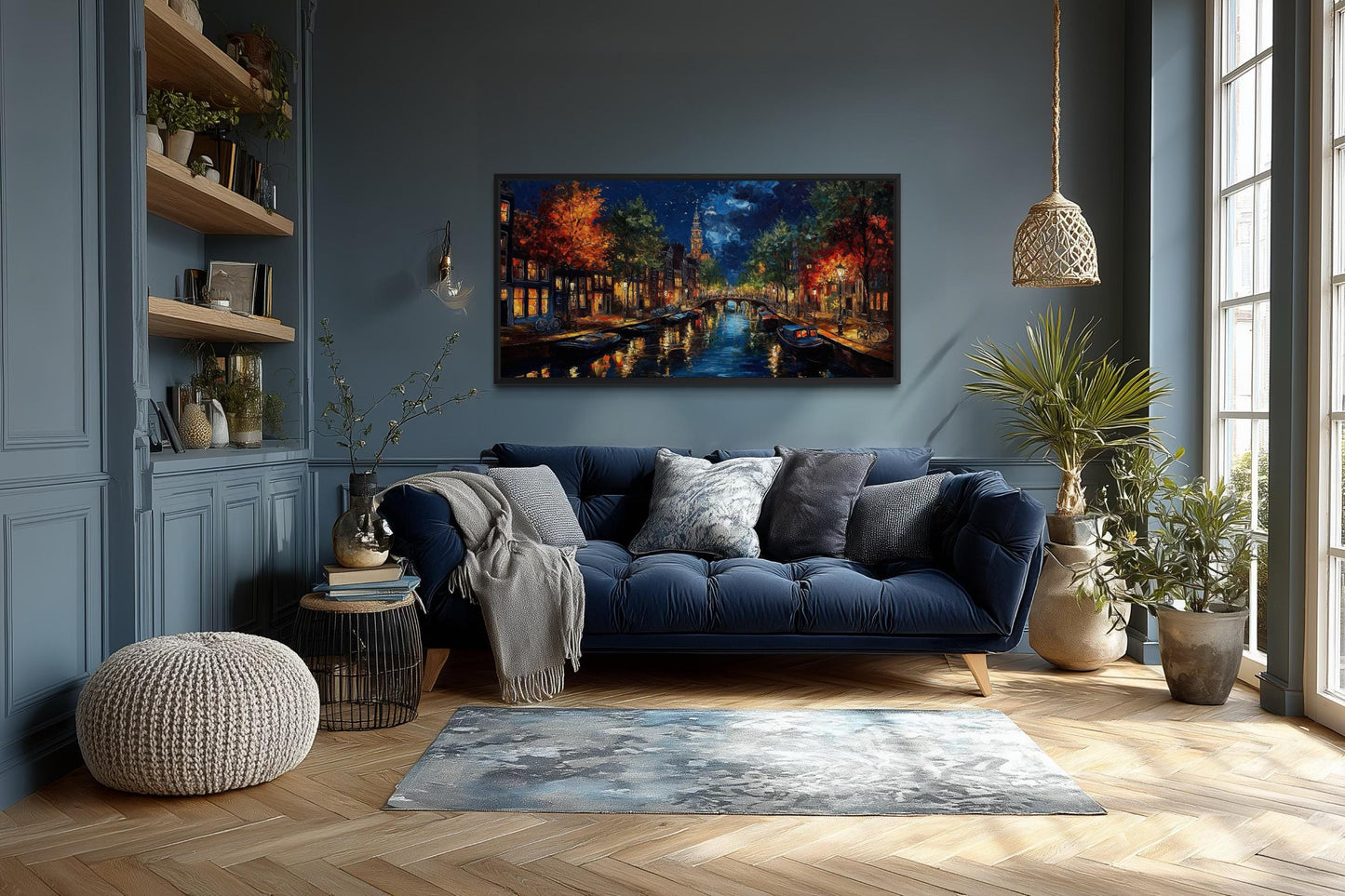 Amsterdam Canal at Night Large Horizontal Canvas Wall Art