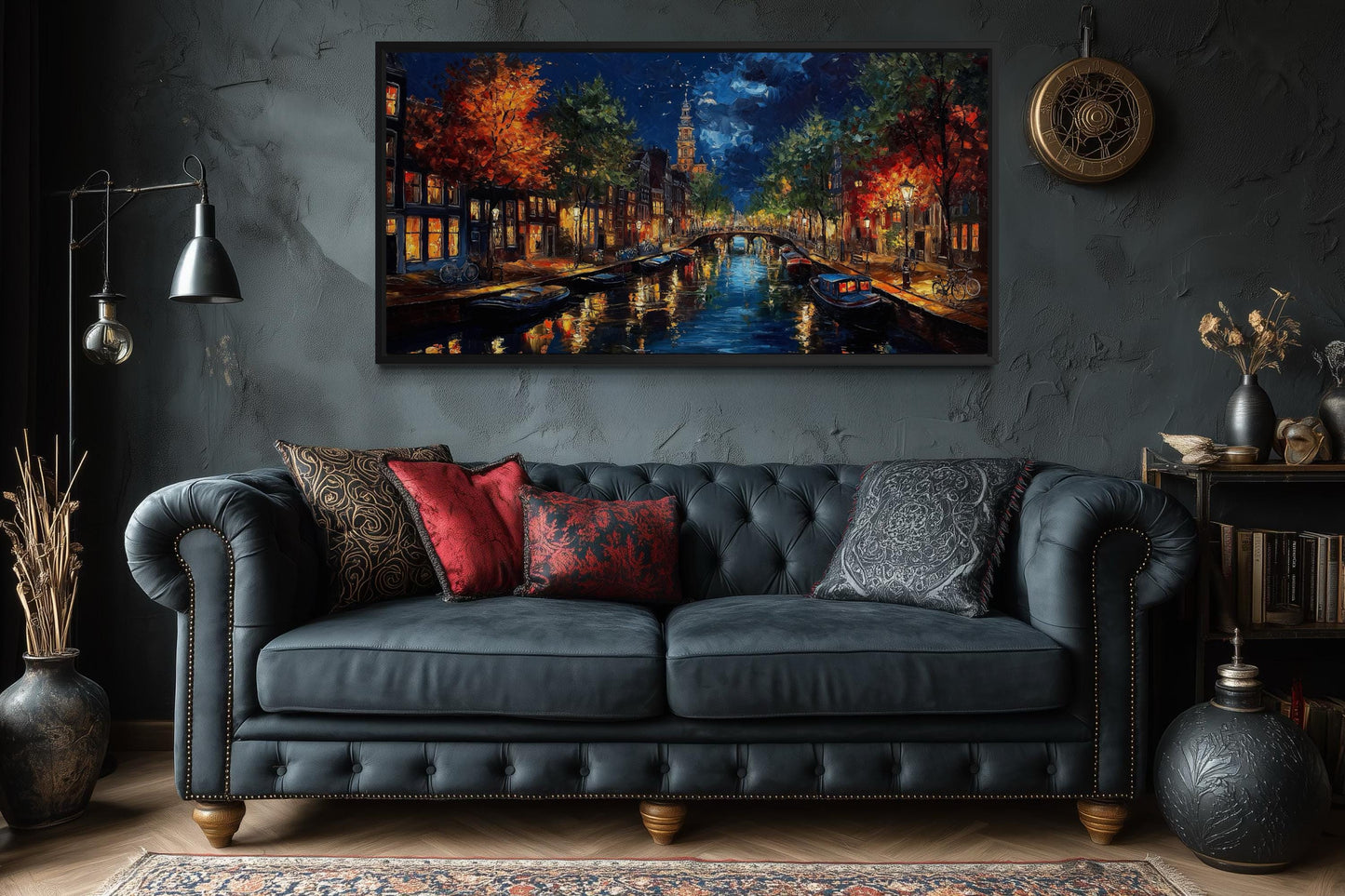Amsterdam Canal at Night Large Horizontal Canvas Wall Art