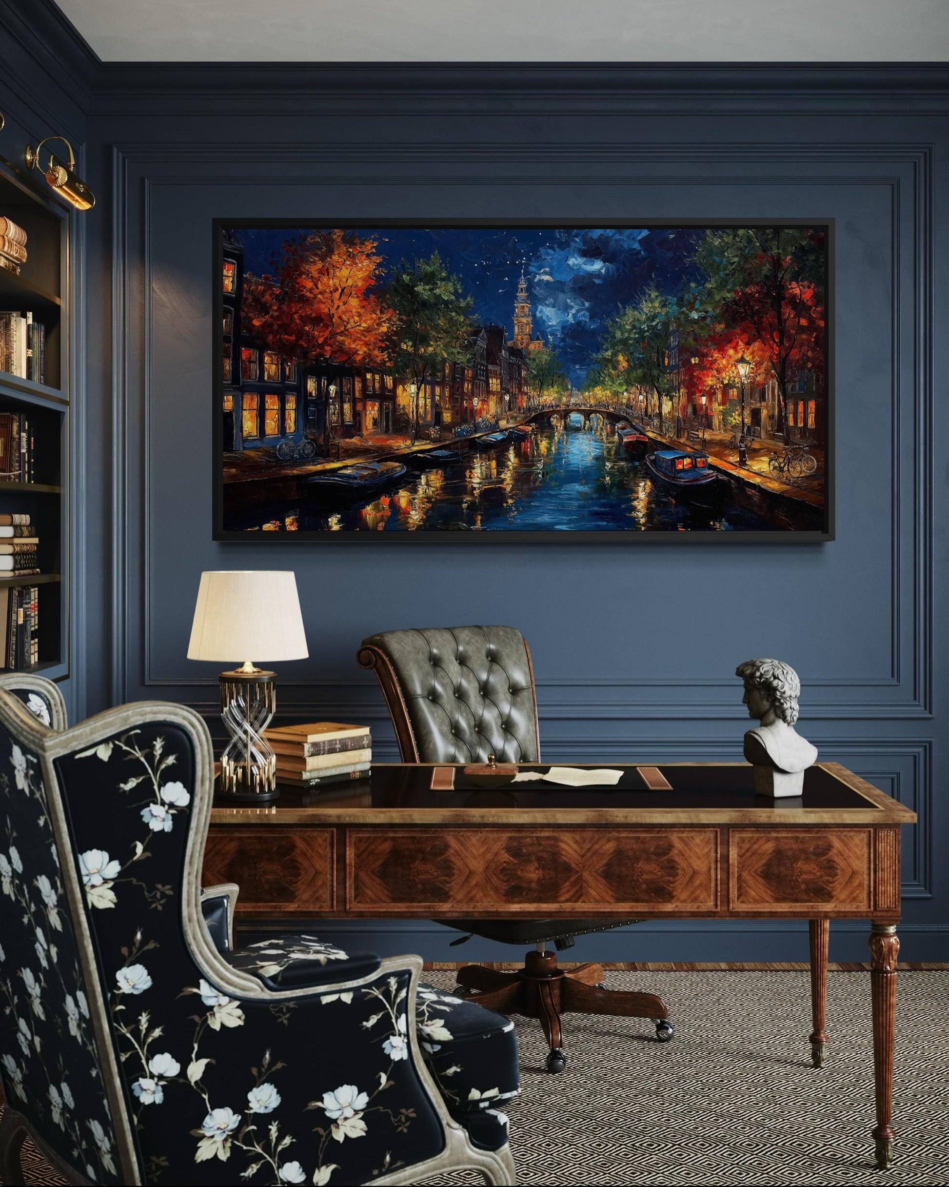 Amsterdam Canal at Night Large Horizontal Canvas Wall Art