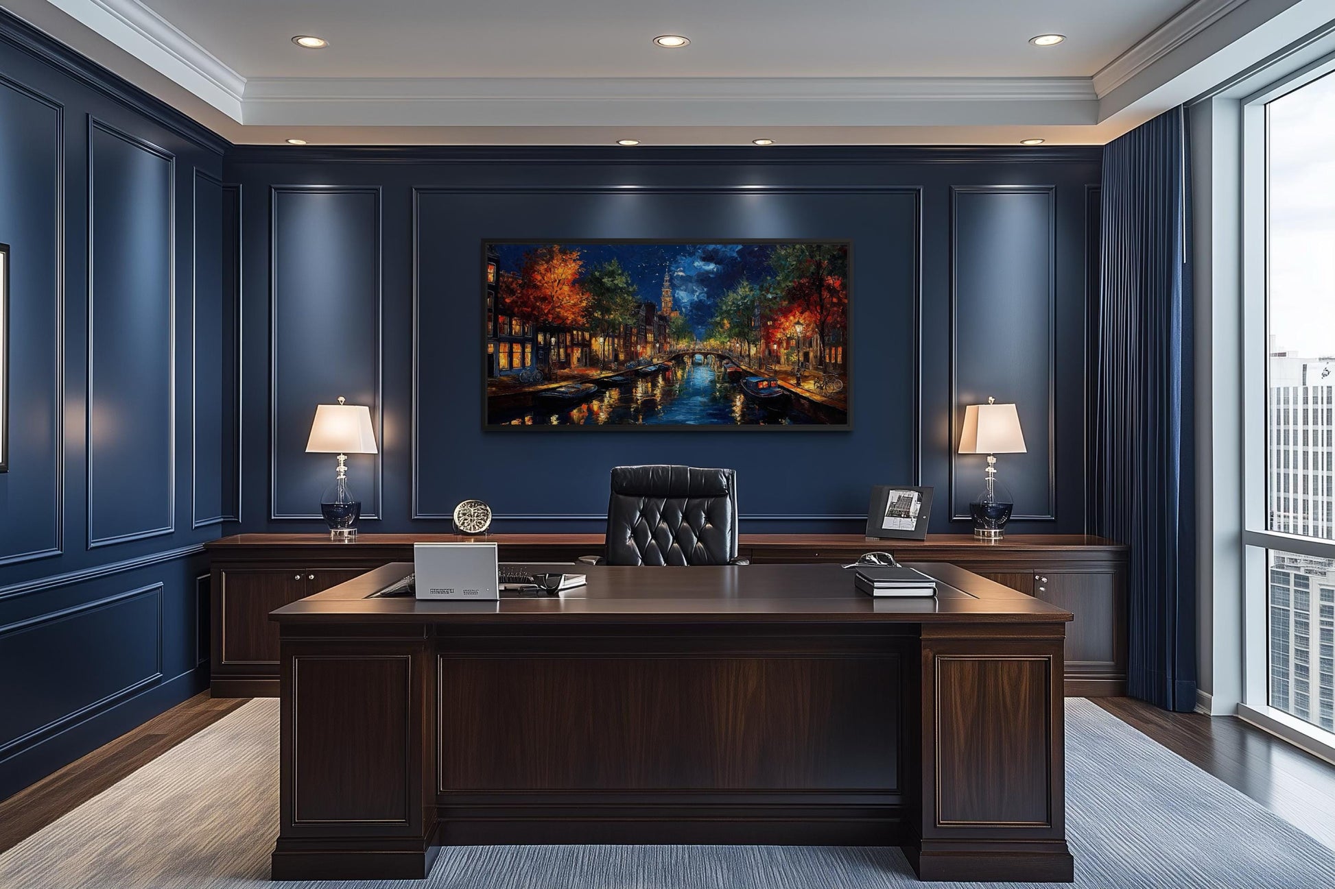 Amsterdam Canal at Night Large Horizontal Canvas Wall Art