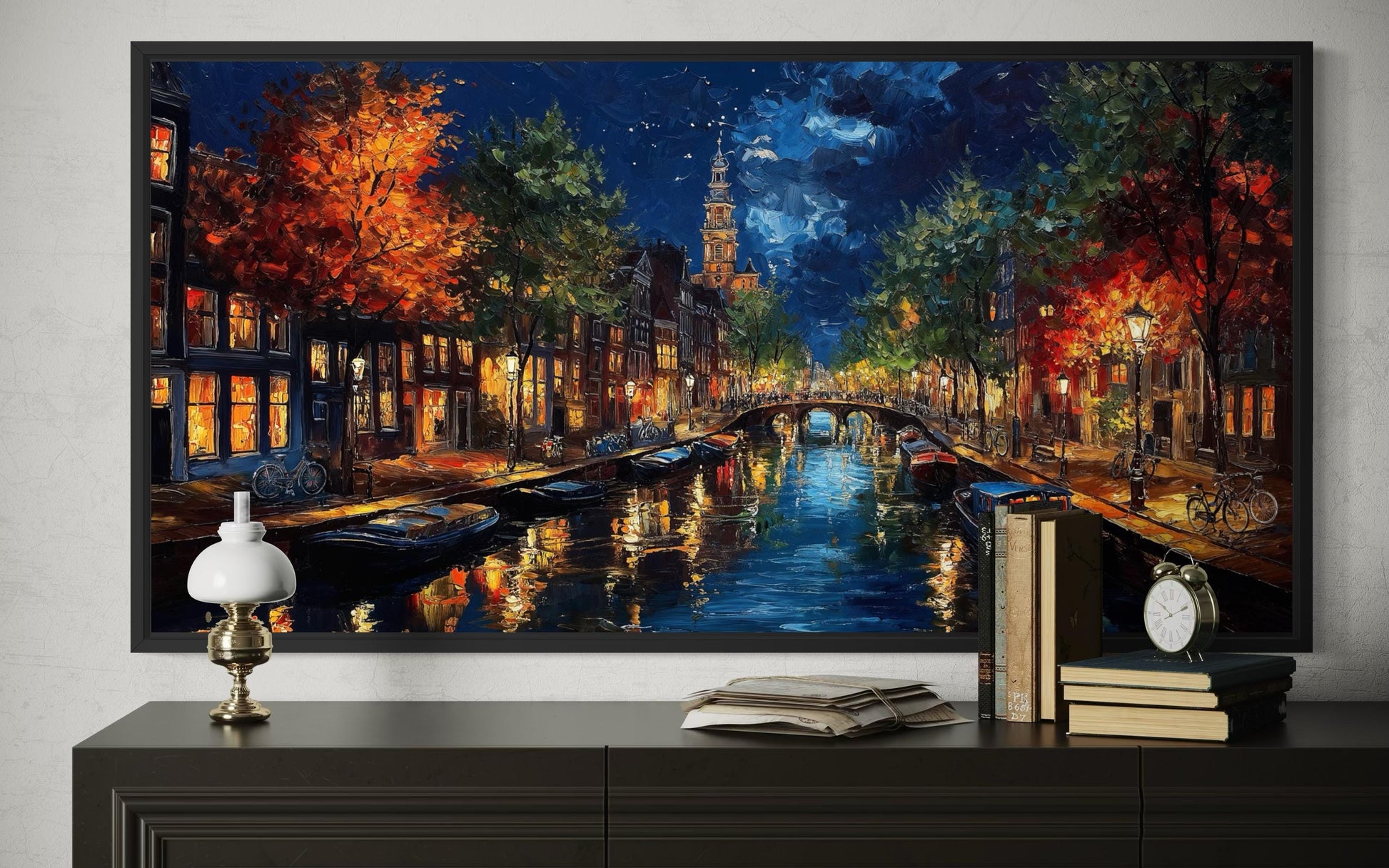 Amsterdam Canal at Night Large Horizontal Canvas Wall Art