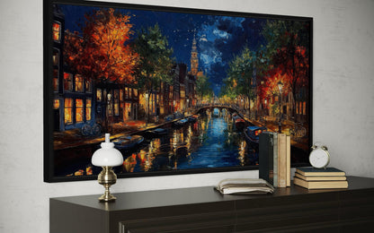 Amsterdam Canal at Night Large Horizontal Canvas Wall Art
