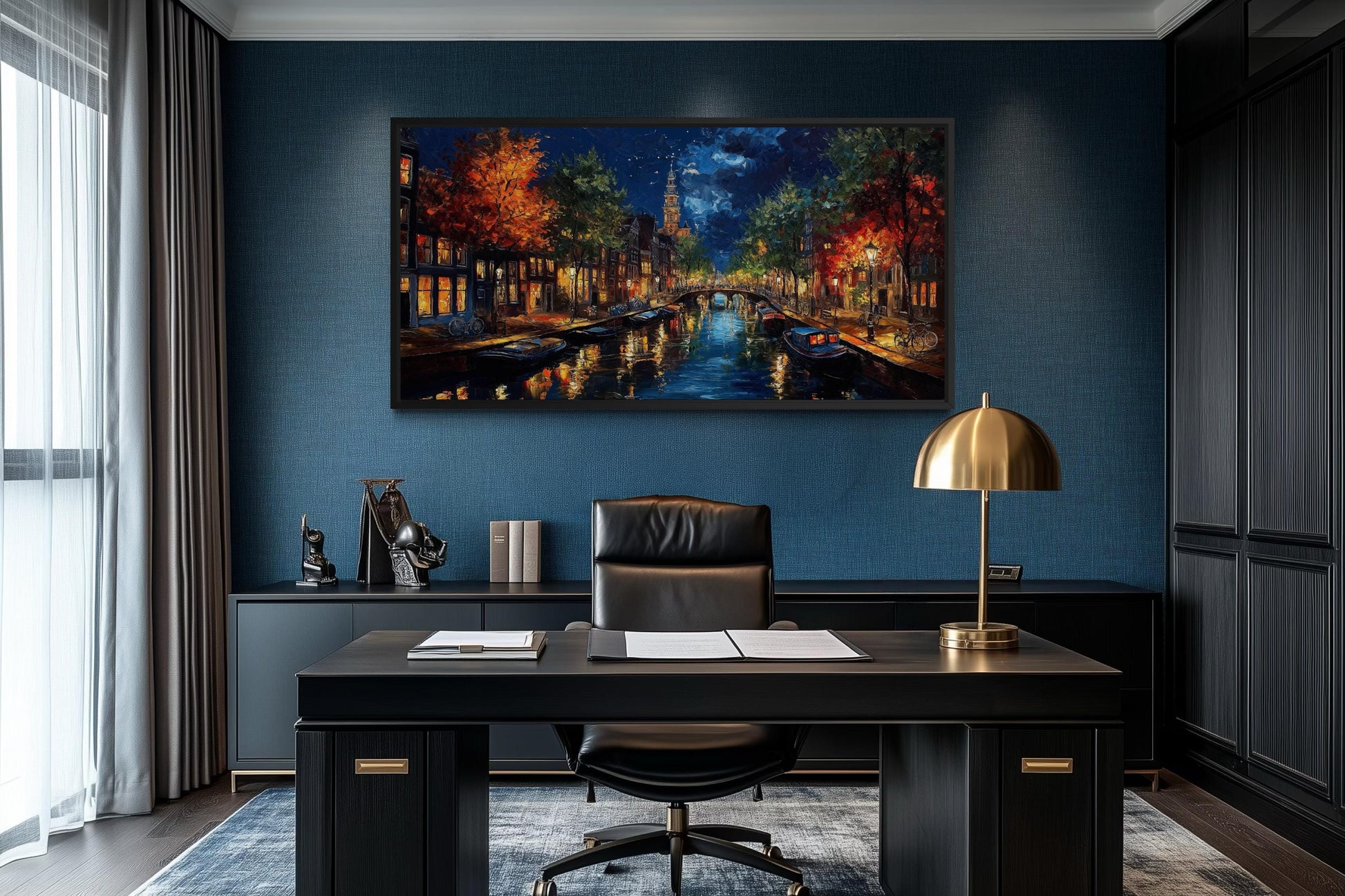 Amsterdam Canal at Night Large Horizontal Canvas Wall Art