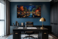 Amsterdam Canal at Night Large Horizontal Canvas Wall Art